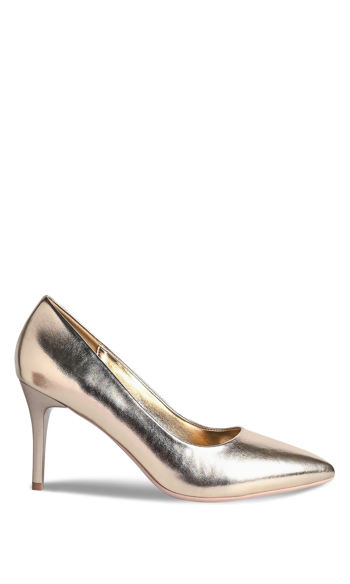 The Tia Gold Prom Shoes (Touch Ups 4751) feature a metallic gold pointy toe and mid-height stiletto heel, perfect for adding glamour to any special occasion. Shown on a white background.